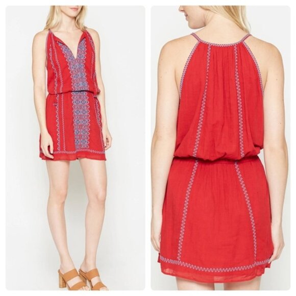 Joie Red Picard Embroidered Sleeveless Split Neck Dress Size S 🌸 - Picture 1 of 13